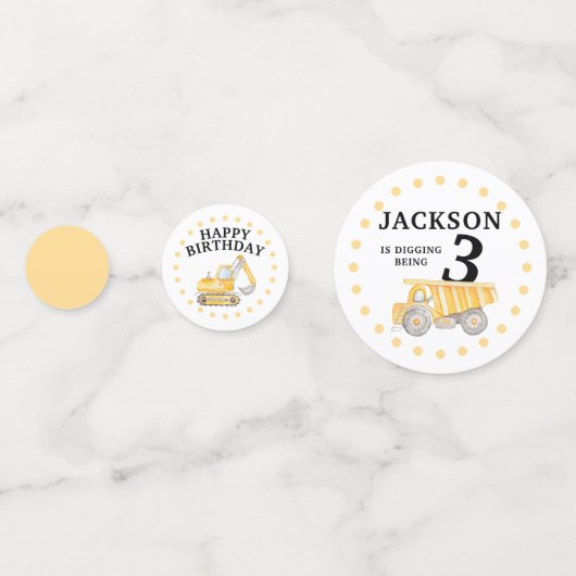 建築サイトのトラックの下で男の子の誕生日テーブル コンフェッティ (正面)