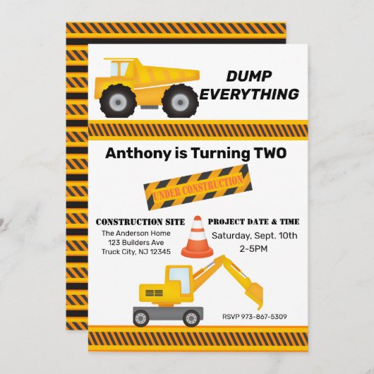 建築サイトダンプトラック子供の誕生日 招待状 (正面/裏面)