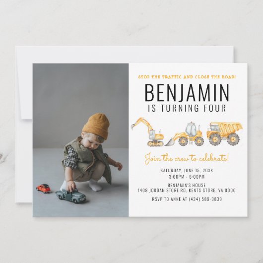 建築シンプル誕生日ダンプトラックパーティー 招待状 (正面)