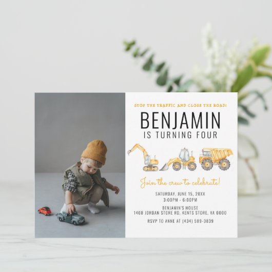 建築シンプル誕生日ダンプトラックパーティー 招待状 (スタンド正面)