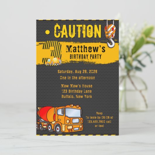 建築ダンプトラックオレンジ – 黄色3番目の誕生日 招待状 (スタンド正面)