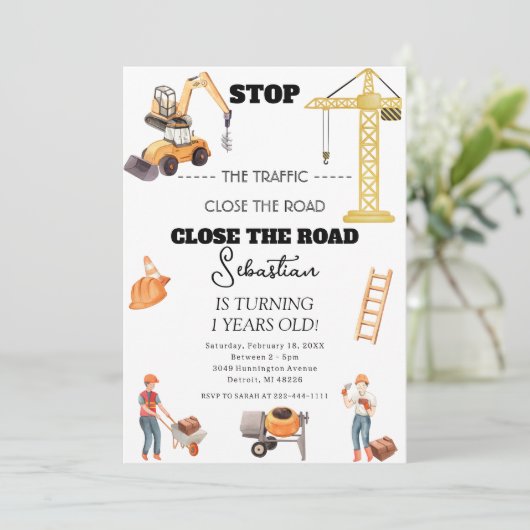 建築ダンプトラックキッズファースト誕生日パーティー 招待状 (スタンド正面)