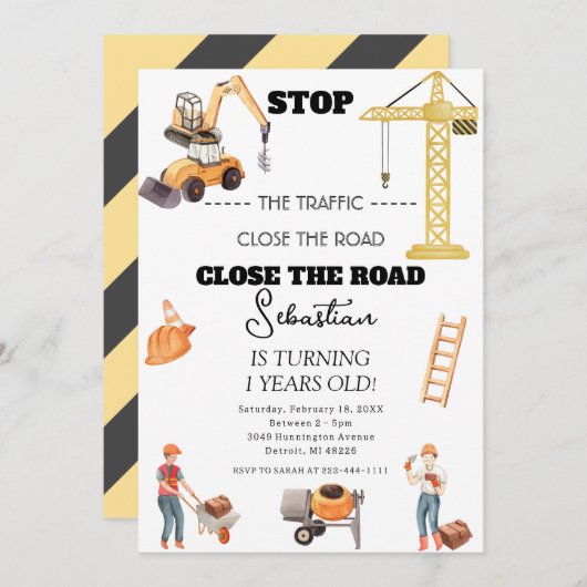 建築ダンプトラックキッズファースト誕生日パーティー 招待状 (正面/裏面)