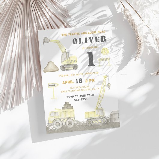 建築ダンプトラックキッズファースト誕生日パーティー 招待状