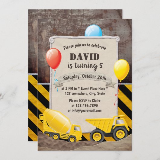 建築ダンプトラックセメントミキサーボーイズ誕生日 招待状 (正面/裏面)