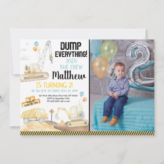 建築ダンプトラックディガーセカンド誕生日 招待状 (正面)