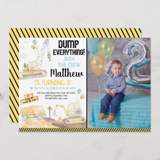 建築ダンプトラックディガーセカンド誕生日 招待状 (正面/裏面)