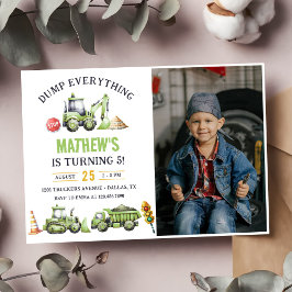 建築ダンプトラックディガー第5誕生日写真 招待状