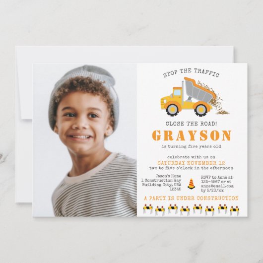建築ダンプトラックディガー誕生日パーティー 招待状 (正面)