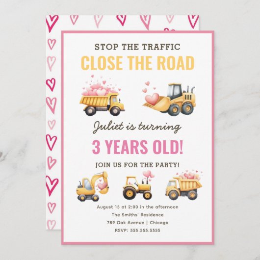 建築ダンプトラックハート誕生日招待状 招待状 (正面/裏面)