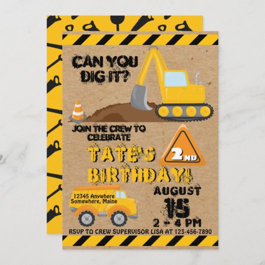 建築ダンプトラックバースデーパーティ招待状 招待状 (正面/裏面)