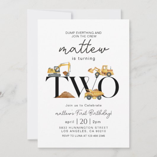 建築ダンプトラックパーティーボーイ誕生日 招待状 (正面)
