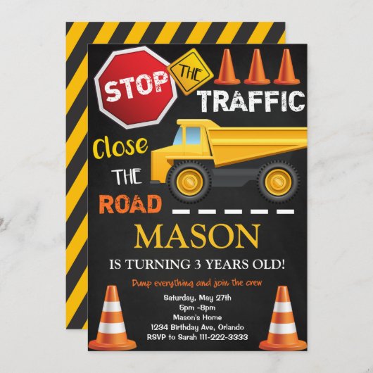 建築ダンプトラックブラック誕生日招待状 招待状 (正面/裏面)