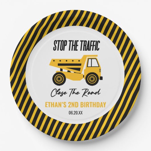 建築ダンプトラックブルドーザー誕生日パーティー ペーパープレート (正面)