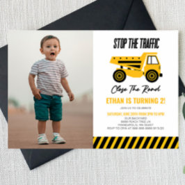 建築ダンプトラックブルドーザー誕生日パーティー 招待状