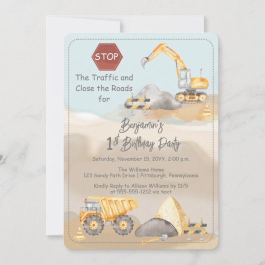建築ダンプトラックボーイの誕生日パーティー 招待状 (正面)
