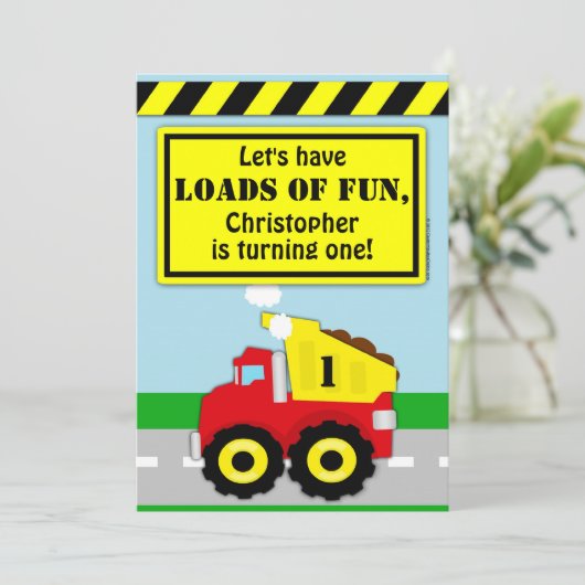 建築ダンプトラックボーイズファースト誕生日 招待状 (スタンド正面)