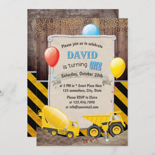 建築ダンプトラックボーイズファースト誕生日 招待状 (正面/裏面)