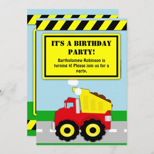建築ダンプトラックボーイズ誕生日招待状 招待状 (正面/裏面)