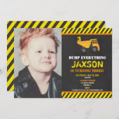 建築ダンプトラックボーイバースデーパーティーの写真 招待状 (正面/裏面)