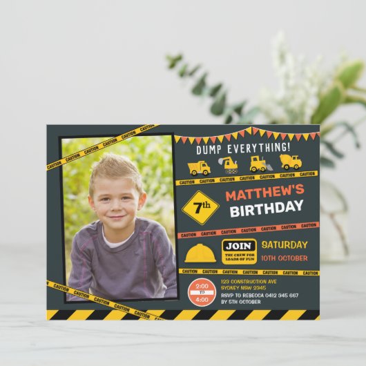 建築ダンプトラック写真ボーイバースデーパーティー 招待状 (スタンド正面)