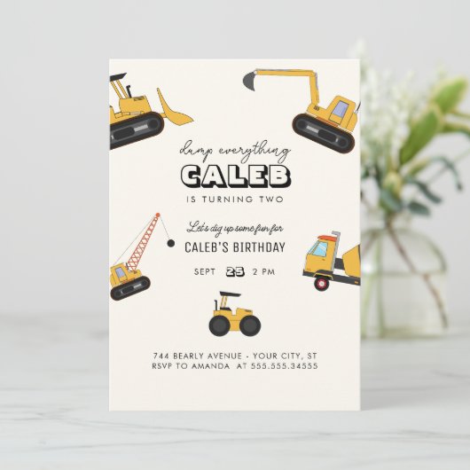 建築ダンプトラック子供の誕生日パーティーインビタ 招待状 (スタンド正面)