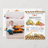 建築ダンプトラック子供の誕生日パーティー 招待状 (正面/裏面)