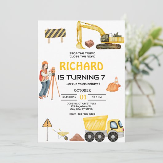 建築ダンプトラック子供の誕生日パーティー 招待状 (スタンド正面)