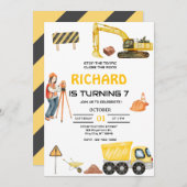 建築ダンプトラック子供の誕生日パーティー 招待状 (正面/裏面)