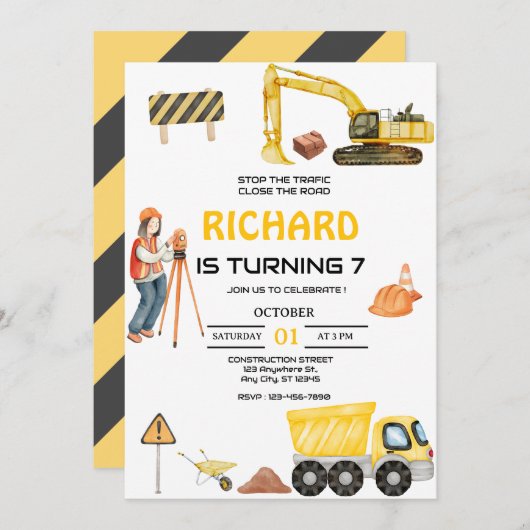 建築ダンプトラック子供の誕生日パーティー 招待状 (正面/裏面)