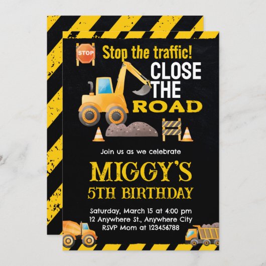 建築ダンプトラック子供の誕生日パーティー 招待状 (正面/裏面)