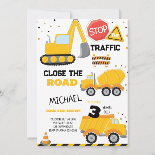 建築ダンプトラック子供の誕生日パーティー 招待状 (正面)