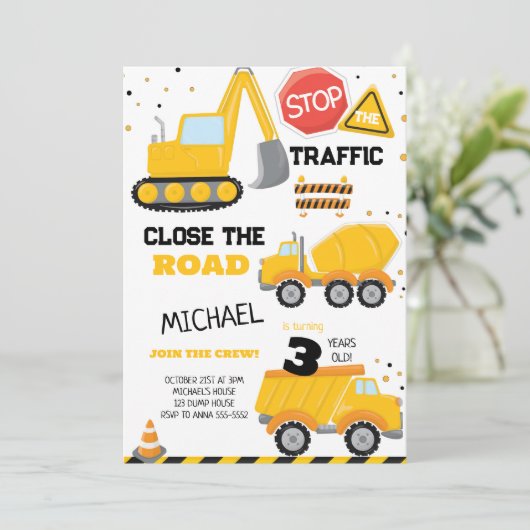 建築ダンプトラック子供の誕生日パーティー 招待状 (スタンド正面)