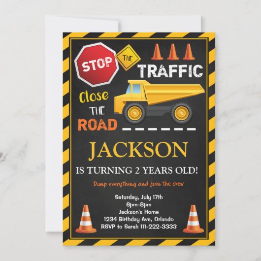 建築ダンプトラック子供の誕生日招待状 招待状 (正面)