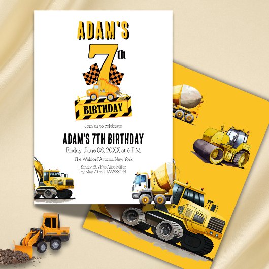 建築ダンプトラック第7の誕生日パーティー 招待状