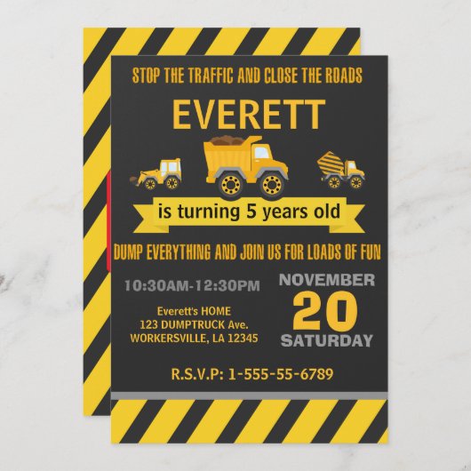 建築ダンプトラック誕生日パーティーの招待 招待状 (正面/裏面)