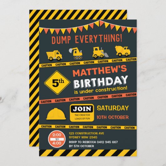 建築ダンプトラック誕生日パーティー 招待状 (正面/裏面)