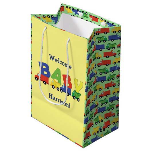 建築ダンプトラック赤ちゃんシャワーボーイ ミディアムペーパーバッグ (正面アングル)