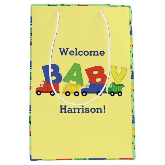 建築ダンプトラック赤ちゃんシャワーボーイ ミディアムペーパーバッグ (正面)