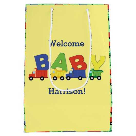 建築ダンプトラック赤ちゃんシャワーボーイ ミディアムペーパーバッグ (裏面)