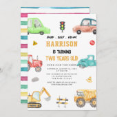 建築ダンプトラック車のパーティー誕生日 招待状 (正面/裏面)