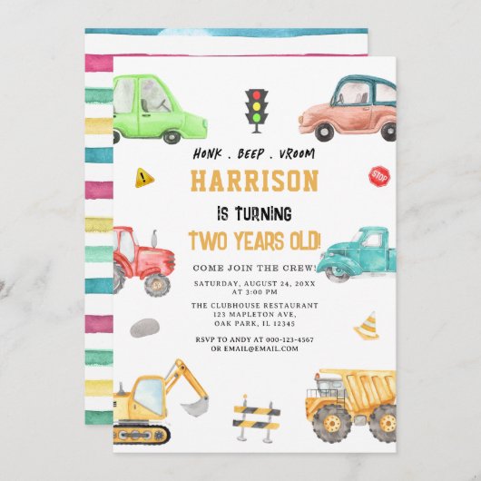 建築ダンプトラック車のパーティー誕生日 招待状 (正面/裏面)