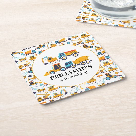 建築ダンプトラック車バースデーパーティー スクエアペーパーコースター (アングル)