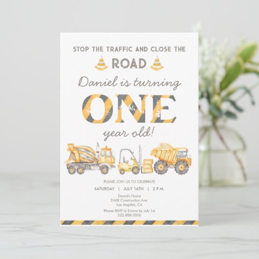 建築ダンプトラック1stボーイズ最初の誕生日 招待状 (スタンド正面)