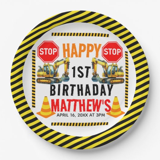 建築ダンプトラック1st誕生日パーティー ペーパープレート (正面)