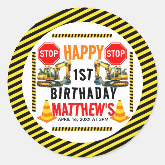建築ダンプトラック1st誕生日パーティー ラウンドシール (正面)