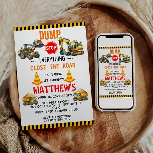建築ダンプトラック1st誕生日パーティー 招待状