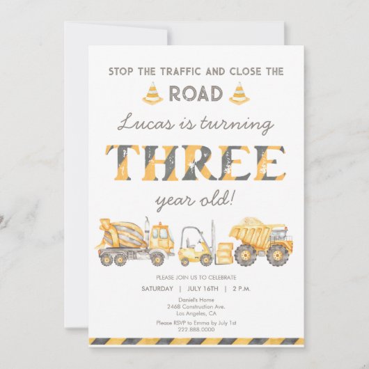 建築ダンプトラック3rdボーイズファースト誕生日 招待状 (正面)