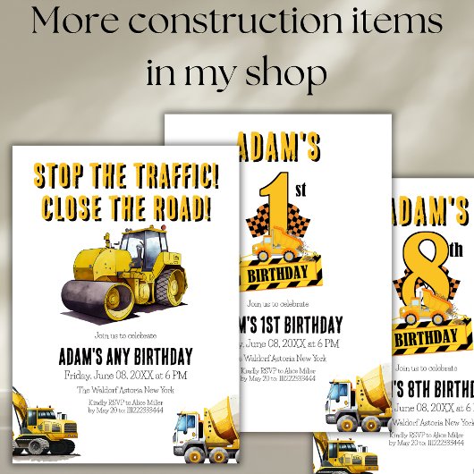 建築ダンプトラック8番目の誕生日パーティー 招待状