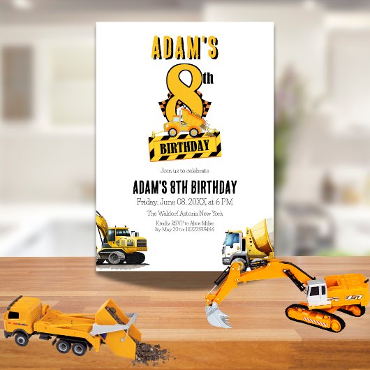 建築ダンプトラック8番目の誕生日パーティー 招待状